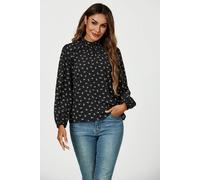 Fs Collection Bow Print Frill Detail High Neck Top In Black Black