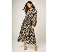 FS Collection Brown Floral Print Shirt Midi Dress In Black - M - Brown