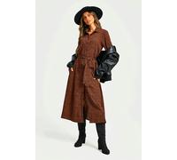 FS Collection Brown Leopard Print Shirt Midi Dress With Tie Waist + Gold Stretch Leaf Belt - S - Brown