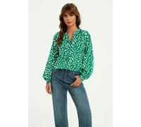 FS Collection Brushstroke Print long sleeve Blouse Top In Green - M - Green
