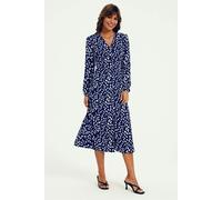 FS Collection Brushstroke Print Long Sleeve Button Front Midi Dress In Navy - S - Navy