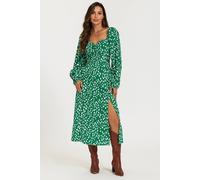 Fs Collection Brushstroke Print Long Sleeve Heart Neckline Midi Dress In Green Green S