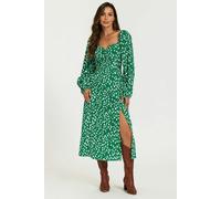 FS Collection Brushstroke Print Long Sleeve Heart Neckline Midi Dress In Green - L - Green