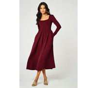 FS Collection Burgundy Square Neck Button-Front Long Sleeve Midi Dress - L - Burgundy