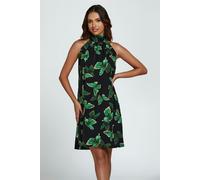 FS Collection Butterfly Print Halter Neck Tie Back Mini Dress In Green - S - Green