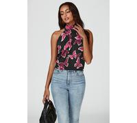 Fs Collection Butterfly Print Halter Neck Tie Back Top In Black Black