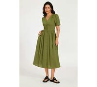 FS Collection Button Front Short Sleeve Midi Dress In Khaki Green - L - Khaki Green