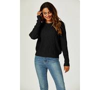 Fs Collection Cable Knit Crew Neck Jumper In Black Black One Size