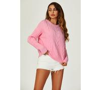 Fs Collection Cable Knit Crew Neck Jumper In Pink Pink One Size