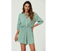 FS Collection Daisy Floral Print Boho Playsuit With Buttons In Green - S - Green