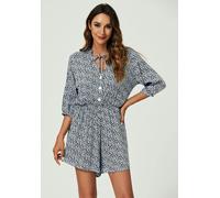 FS Collection Daisy Floral Print Boho Playsuit With Buttons In Navy - S - Navy