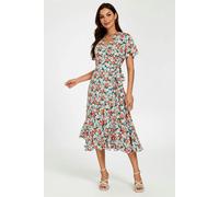 FS Collection Daisy Print Midi Wrap Dress In Pink - S - Pink