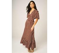 FS Collection Dot Print Angel Sleeve V Neck Frill Hem Midi Dress In Brown - L - Brown