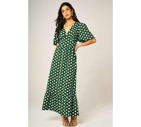 FS Collection Dot Print Angel Sleeve V Neck Frill Hem Midi Dress In Green - S - Green