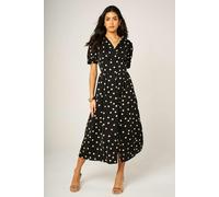 FS Collection Dot Print Button Front Midi Dress In Black With Puff Sleeves - L - Black