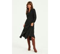 FS Collection Dot Print Long Sleeve Button Front Midi Dress In Black - L - Black