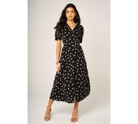 Fs Collection Dot Print Puff Sleeves Button Front Midi Dress In Black Black