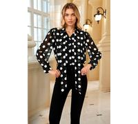 Fs Collection Dot Print Tie Detail Long Sleeve Blouse Top In Black Black L