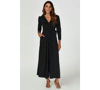 FS Collection Dot Print Wrap Top Jersey Jumpsuit In Black - M - Black