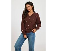 Fs Collection Embroidery Heart V-Neck Knitted Jumper In Brown Brown