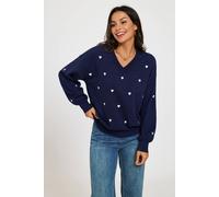 Fs Collection Embroidery Heart V-Neck Knitted Jumper In Navy Navy