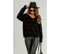 FS Collection Embroidery Red Heart V Neck Jumper In Black - Onesize