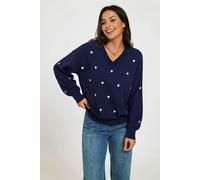 FS Collection Embroidery White Heart V Neck Jumper In Navy - Onesize - Navy