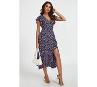 Fs Collection Floral Frill Sleeve Midi Wrap Dress In Navy Navy