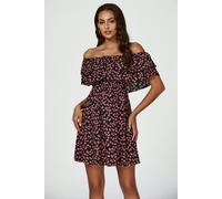 FS Collection Floral Print Bardot Frill Mini Dress In Black - XS - Black
