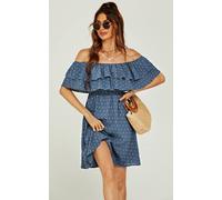 Fs Collection Floral Print Bardot Frill Mini Dress In Blue Blue