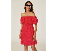 Fs Collection Floral Print Bardot Frill Mini Dress In Red Red