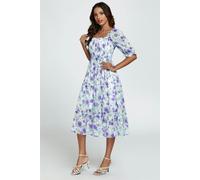 FS Collection Floral Print Bardot Puff Sleeve Elasticated Detail Midi Dress In White - Purple & White - L