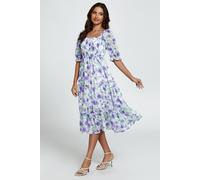 Fs Collection Floral Print Bardot Puff Sleeve Elasticated Detail Midi Dress In White White
