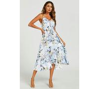 FS Collection Floral Print Button Down High Low Strappy Dress In Blue - XL - Blue