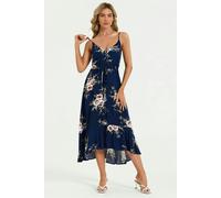 FS Collection Floral Print Button Down High Low Strappy Dress In Navy - L - Navy
