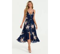 Fs Collection Floral Print Button Down High Low Strappy Dress In Navy Navy