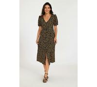FS Collection Floral Print Button Front Puff Sleeve Midi Dress In Black - L - Black