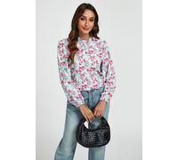 Fs Collection Floral Print Frill Detail High Neck Top In Blue & Pink Blue