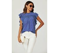Fs Collection Floral Print Frill Hem Short Sleeve Blouse Top In Blue Blue L