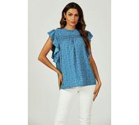 FS Collection Floral Print Frill Hem Short Sleeve Blouse Top In Blue - L - Blue