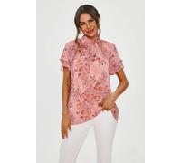 Fs Collection Floral Print Frill Hem Sleeve High Neck Blouse Top In Pink Pink