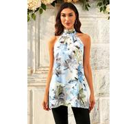 Fs Collection Floral Print Halter Neck Tie Back Top In Grey Blue Multi