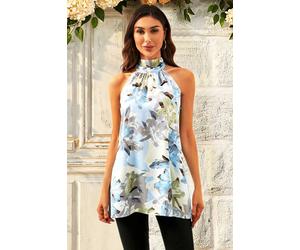 Fs Collection Floral Print Halter Neck Tie Back Top In Grey Blue Multi