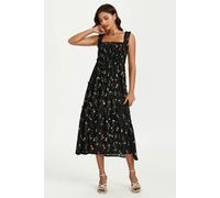 FS Collection Floral Print Hem Detail Tiered Maxi Dress In Black - S - Black