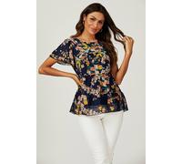Fs Collection Floral Print Hem Tiered Smock Short Sleeve Blouse Top In Navy Navy L