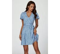 FS Collection Floral Print Hem Tiered Wrap Mini Dress In Blue - S - Blue