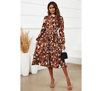 Fs Collection Floral Print High Neck Long Sleeve Midi Dress In Rust In Copper Copper M