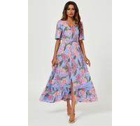 Fs Collection Floral Print Lace Detail Maxi Dress In Blue Blue