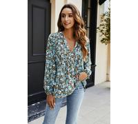 FS Collection Floral Print long sleeve Blouse Top In Blue - S - Blue