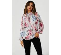 FS Collection Floral Print Long Sleeve Frill High Neck Top In Pink - XL - Pink